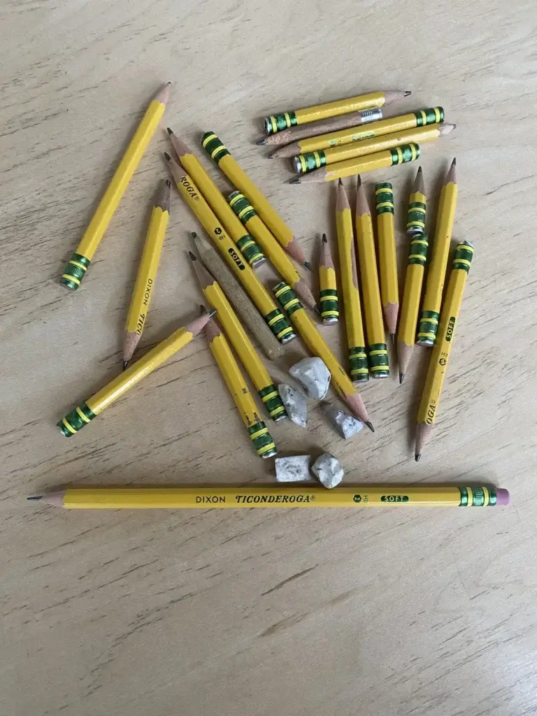 A table of well-used pencils at WONDERfield Community School